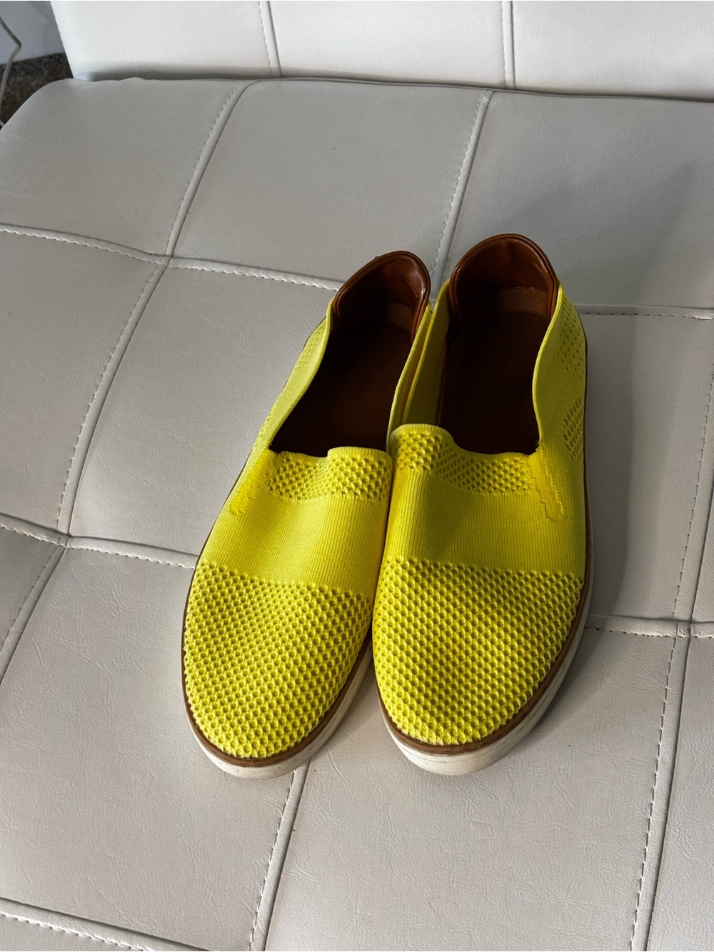 Women’s Yellow Slip-On Knit Loafers with Brown Heel Accent